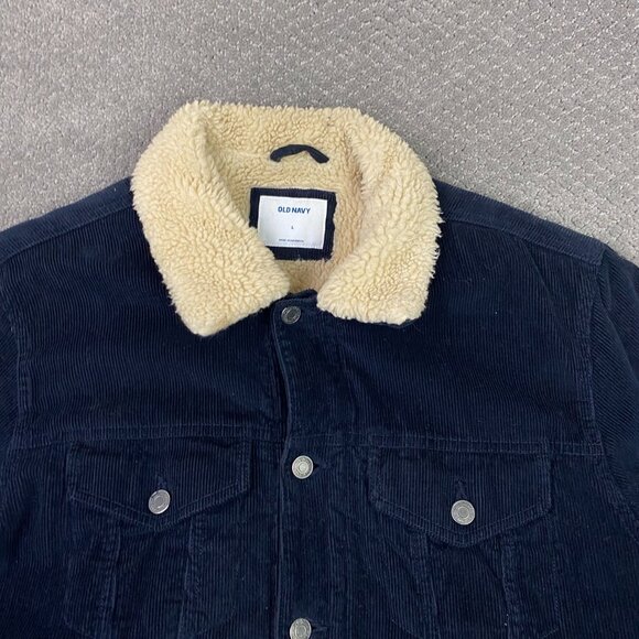Old Navy Sherpa Lined Corduroy Trucker Jacket Men's Large Navy Blue Heavyweight - Picture 2 of 14